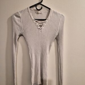 It's Our Time White Ribbed Lace-Up V-Neck Long Sleeve Top